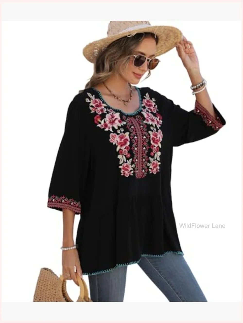 Mexican Embroidered Tunic Peasant Blouse Boho Cotton Top 3/4 Sleeve - Picture 2 of 6